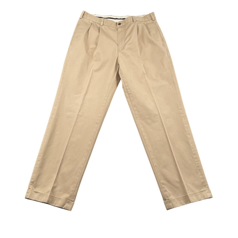 Brooks Brothers Chino Pants Mens 37x32 Tan Elliot Business Casual Pleated Cuffed